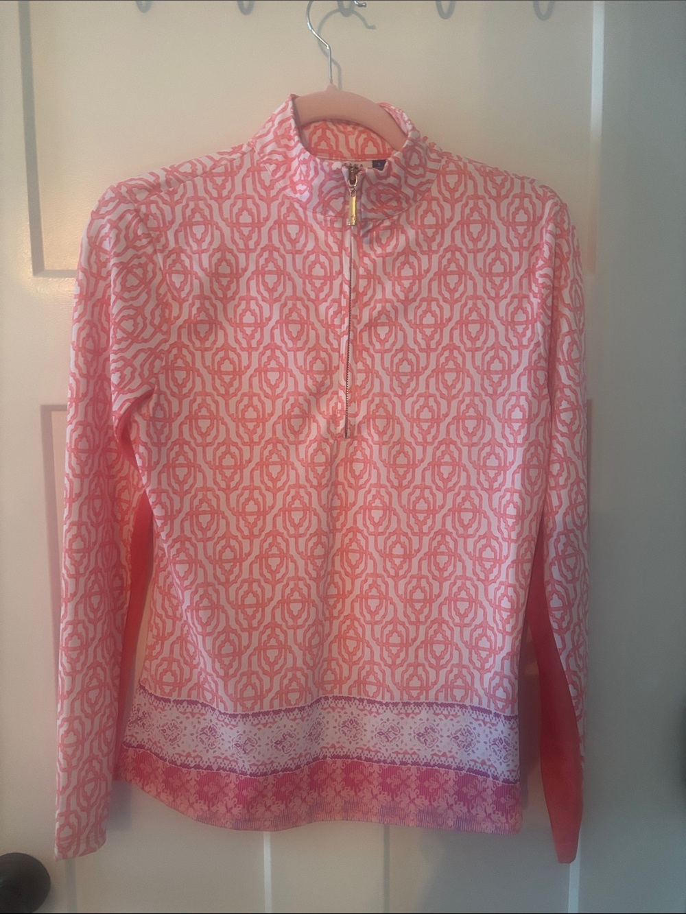 Cabana life Coral and White Geometric Zip Pullover